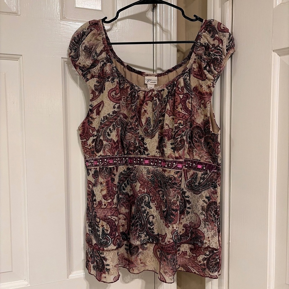 Venezia Womens Empire Waist Paisley Lace Top Purple 14/16 Embellished Rhinestone